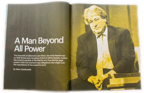'Double-page spread in Financial Times Weekend Magazine featuring a photo of Apollo Global Management founder Leon Black, headlined 'A Man Beyond All Power'