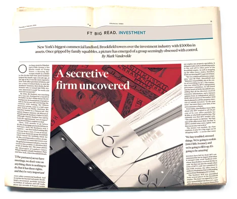 Full-page spread in the Financial Times headlined 'A secretive firm uncovered'