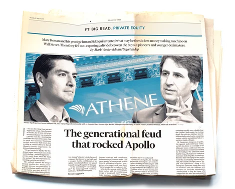 Full-page spread in the Financial Times featuring a photo-montage of former Apollo executive Imran Siddiqui and Apollo co-founder Marc Rowan, headlined 'The generational feud that rocked Apollo'