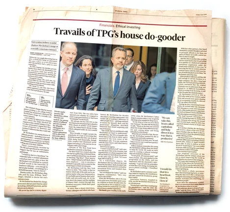 Full-page spread in the Financial Times featuring a photograph of former TPG executive Bill McGlashan