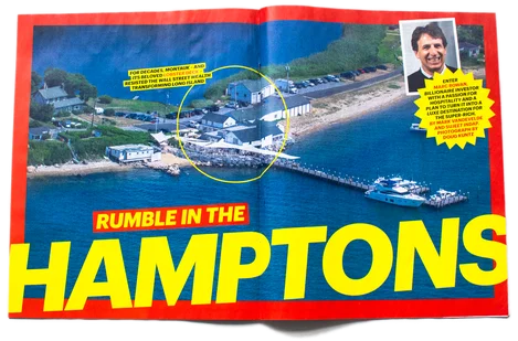 Double-page spread in FT Weekend Magazine featuring an arial photograph of the dock at Duryea's Montauk, headlined 'Rumble in the Hamptons'