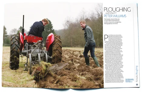 Double-page spread in the Financial Times Weekend Magazine, headlined 'Ploughing with the FT', featuring a photo of Mark Vandevelde with Peter Williams, the founder of Jack Wills